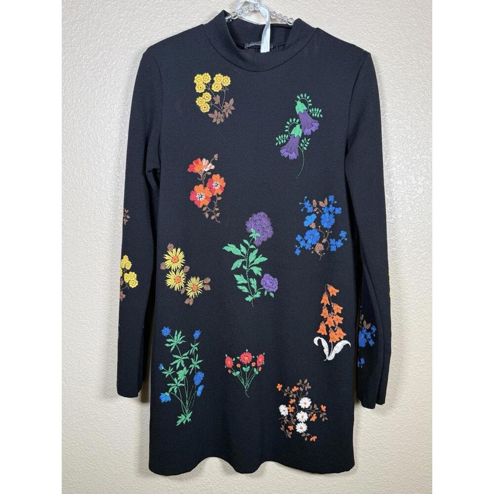 Zara Floral High Neck Long Sleeve Sz small Black Dress Stretchy Faux Embroidery
